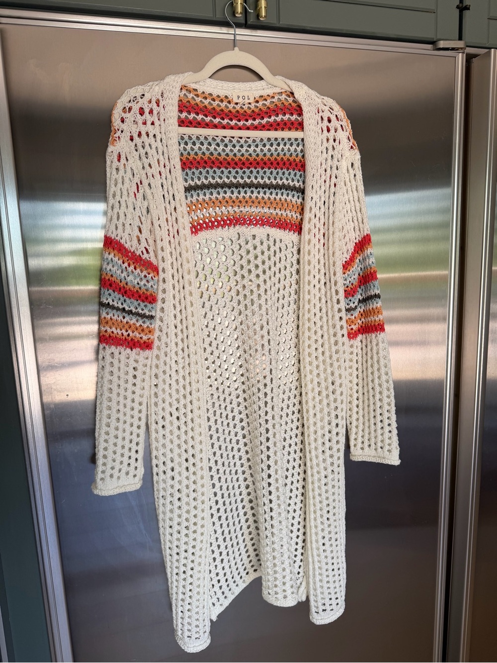 POL Open-Knit Cream Cardigan/Duster with Multicolor Stripe Accents